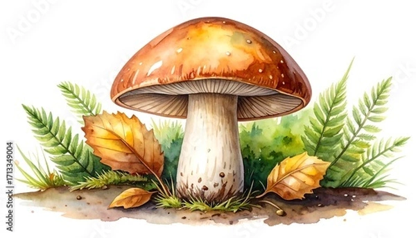 Obraz A detailed watercolor illustration of a vibrant, earthy mushroom nestled amidst autumnal foliage.