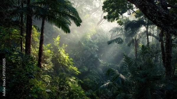 Obraz Lush Tropical Rainforest with Sunbeams Filtering Through Dense Foliage