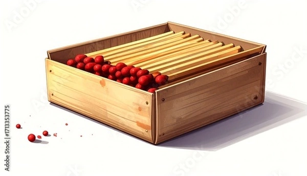 Obraz A wooden matchbox filled with wooden matches and red matchheads, presented in a detailed illustration.