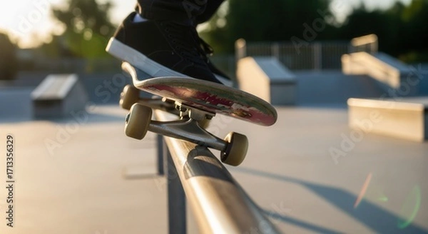 Fototapeta Skateboarder Performing Tricks on Rail at Sunset in Skate Park