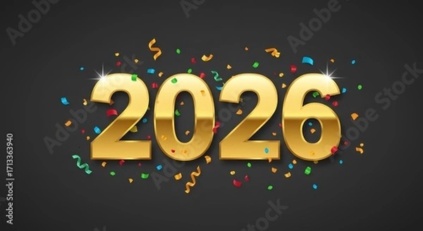Fototapeta Golden 2026: A radiant display of the year 2026 rendered in shimmering gold against a backdrop of celebratory confetti.
