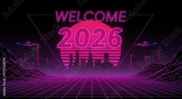 Fototapeta Retro Welcome 2026: A vibrant retro-futuristic scene featuring a bright sunset and a grid line, with the year 2026 emblazoned prominently, evoking a sense of hope and anticipation.