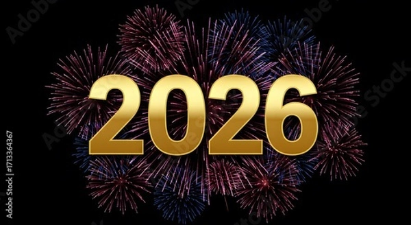 Fototapeta New Year's Celebration: A vivid display of fireworks bursts forth, forming a festive backdrop to the golden numbers 2026, symbolizing the dawn of a new year and a fresh beginning.
