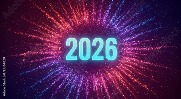 Fototapeta New Year Celebration 2026: A vibrant and energetic illustration of the year 2026, central focus amidst a captivating display of celebratory particles.