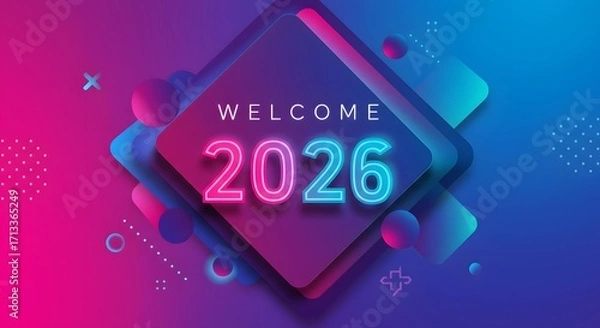Fototapeta Welcome 2026 Neon Typography: A vibrant neon graphic showcases the welcoming message for the year 2026, set against a futuristic and dynamic backdrop of geometric shapes.