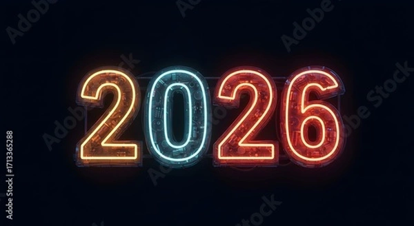Fototapeta Illuminated Future: The vibrant year 2026 glows brightly against a dark backdrop. This visual offers a sense of anticipation for what lies ahead.