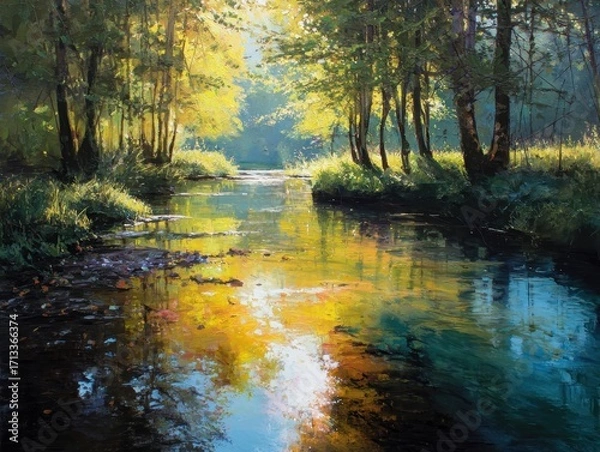 Fototapeta Serene Forest Stream: Golden Sunlight Reflecting on Calm Water