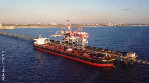 Obraz Large bulk carrier ship docking - Unloading coal ship by cranes on the power station dock
