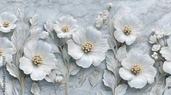 Fototapeta Delicate white floral pattern on textured gray background