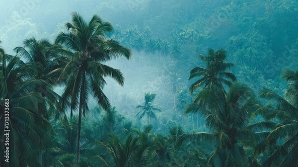 Fototapeta Mysterious figure stands amidst lush palm trees in a misty jungle