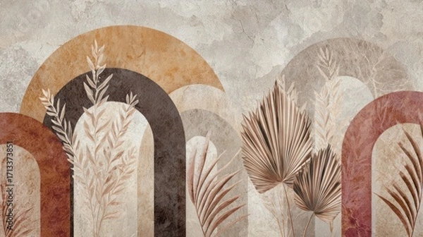Fototapeta Bohemian abstract rainbow shapes with dried grass and natural textures