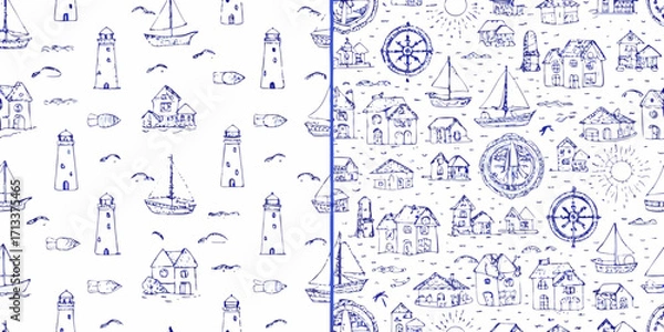 Fototapeta Charming blue ink sketch seamless pattern of nautical elements including lighthouses sailboats houses and compasses