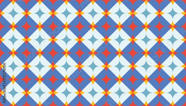 Obraz Seamless geometric pattern with blue background, white curved shapes, and red-yellow diamond accents, modern abstract design perfect for wallpapers, textiles, and digital projects