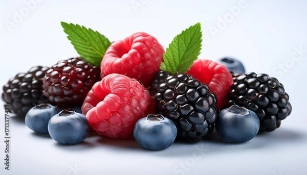 Fototapeta Raspberry Blueberry Blackberry With Green Leaf