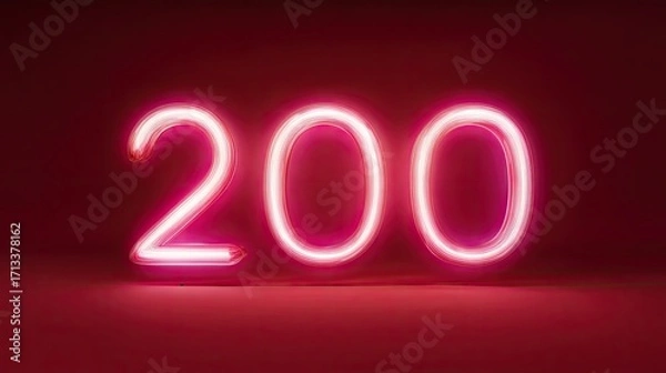 Fototapeta Bright neon number glowing in vibrant pink against dark background, creating striking visual impact. This artistic representation of number 200 evokes sense of modernity and creativity