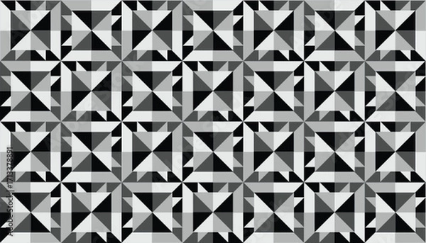 Obraz Seamless geometric pattern in black, white, and gray, featuring triangular shapes arranged in square star formations, perfect for modern textiles, wallpapers, and digital backgrounds