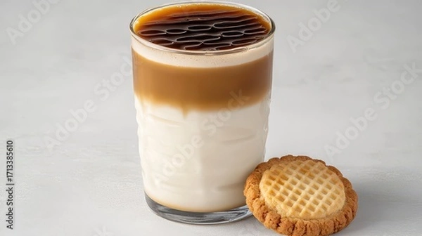 Fototapeta Refreshing Layered Coffee Drink With Cookie on Neutral Background
