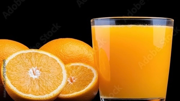 Fototapeta Fresh Orange Juice with Sliced Oranges on Black Background