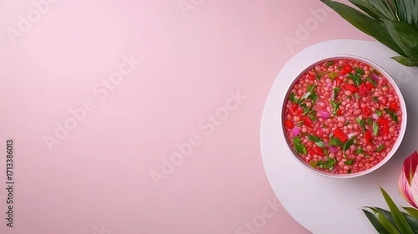 Fototapeta Colorful and Fresh Salad Bowl on a Pink Background with Greens
