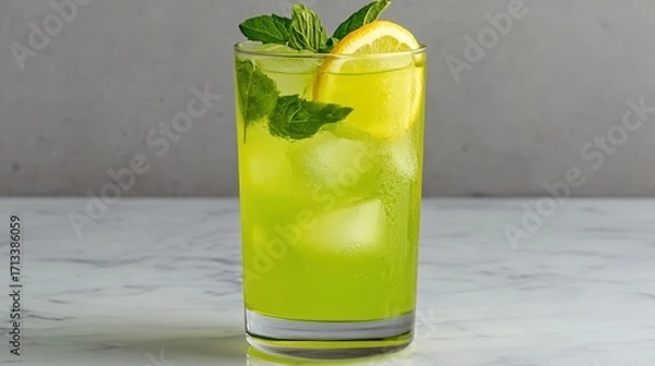 Fototapeta Refreshing Citrus Mint Beverage with Ice and Lemon Slice Garnish