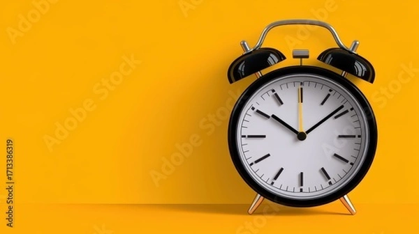 Fototapeta Black Alarm Clock on Bright Yellow Background with Shadow Effect