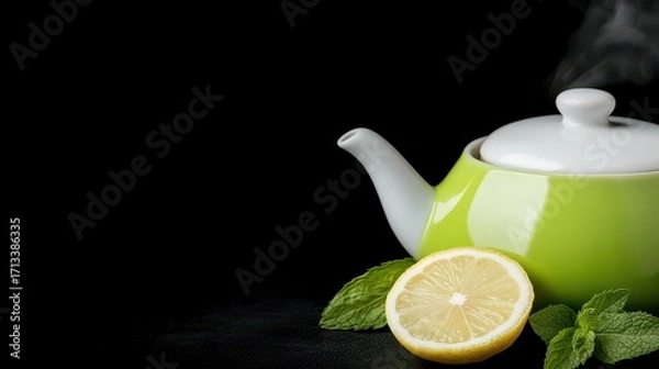 Fototapeta Green Teapot with Fresh Lemon Slice and Mint Leaves on Black Surface