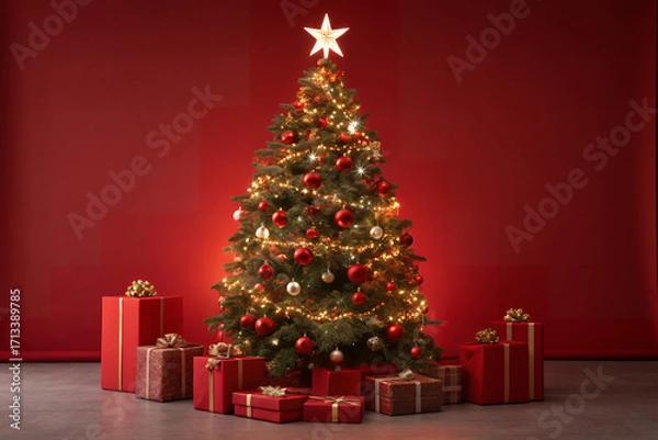 Fototapeta Festive Tree with Gifts: The enchanting sight of a decorated christmas tree aglow with festive lights and ornaments, surrounded by an array of beautifully wrapped presents.