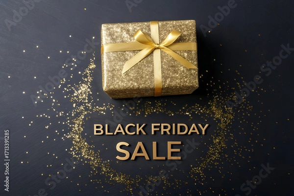 Fototapeta Black Friday Sale: A golden gift box, adorned with a ribbon, sits amidst a dazzling array of golden confetti on a deep black surface, symbolizing celebration and enticing the viewer. 