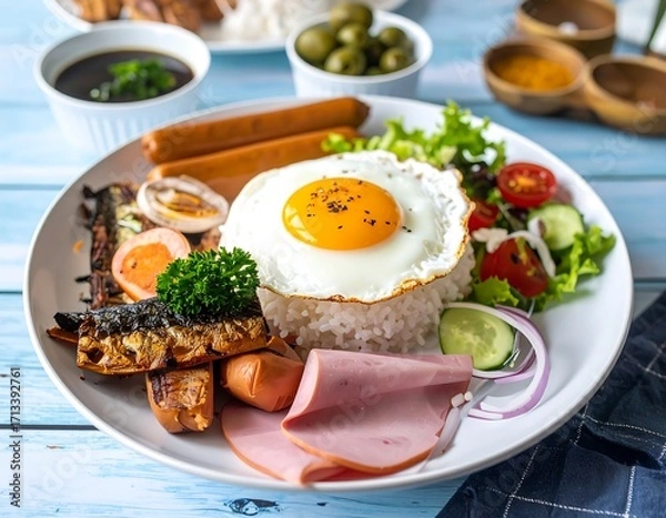 Obraz Colorful plate of rice, eggs, and various meats and vegetables