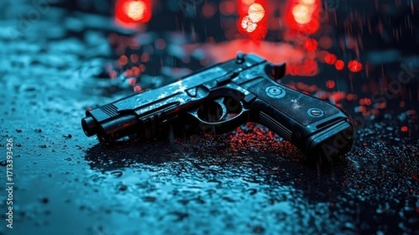 Fototapeta Handgun on Wet Asphalt, Crime Scene Concept, Dark Urban Mood