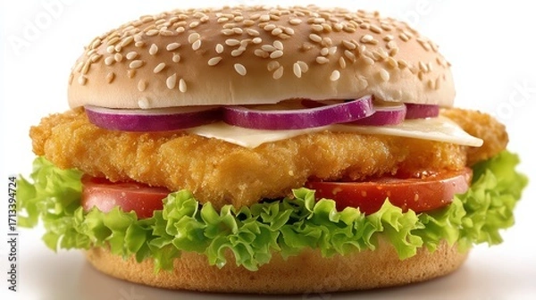 Fototapeta Crispy fish sandwich with lettuce, tomato, cheese, red onion, and a sesame seed bun, fresh and appetizing
