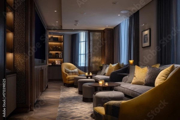Fototapeta A penthouse suite with private cinema room. Guests watch a film in plush seating. The mood feels relaxing and indulgent