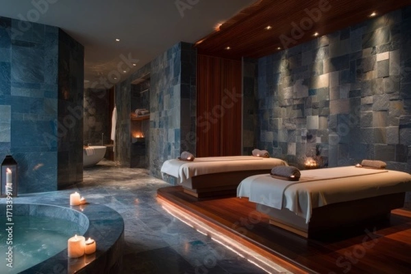 Fototapeta A penthouse suite with private cinema room. Guests watch a film in plush seating. The mood feels relaxing and indulgent