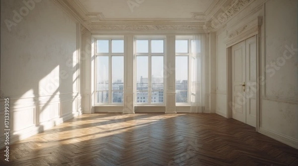 Obraz Bright Empty Room with Sunlight Streaming Through Windows in an Elegant Home