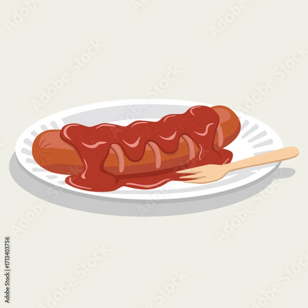 Fototapeta vector flat color of German currywurst grilled sausage with spicy tomato sauce and dusted with curry powder on white plate.