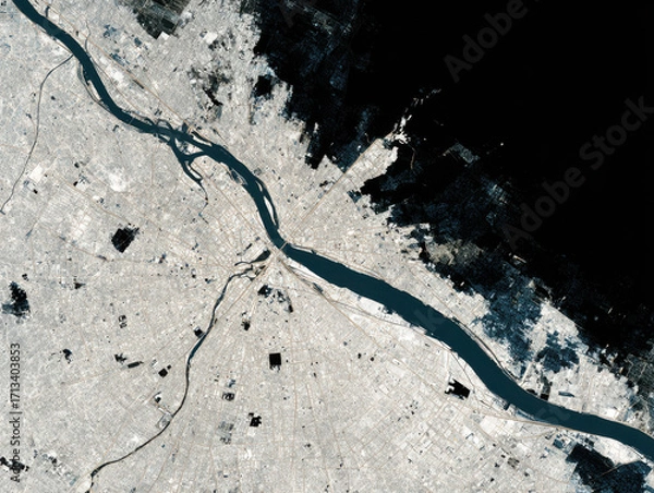 Fototapeta Urban planning analysis from space showing river, city layout, and building footprint with detailed urban infrastructure