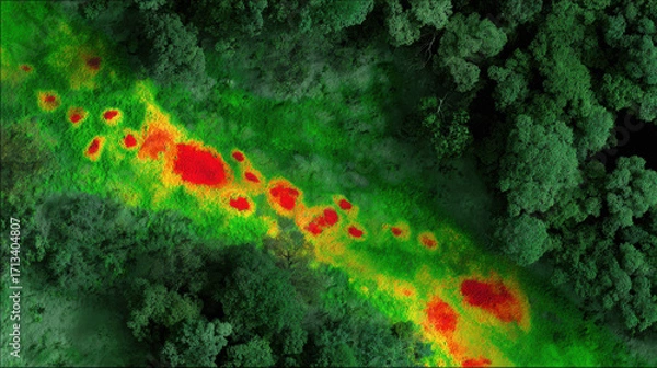 Fototapeta Wild animal tracking heatmap over dense forest showing animal movement patterns and habitat use in vibrant colors
