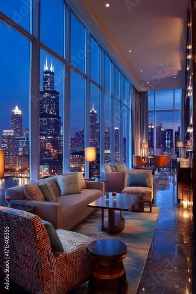 Fototapeta A luxury penthouse suite with floor to ceiling windows. Guests admire the city skyline at night. The mood feels glamorous and exclusive
