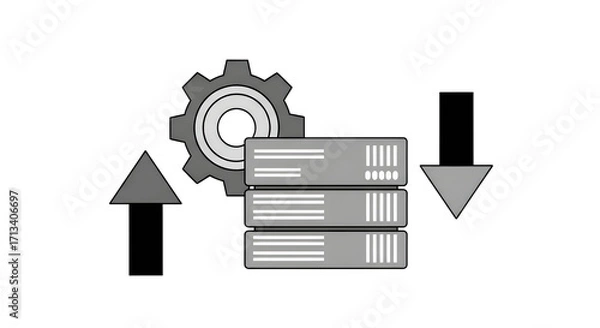 Obraz Flat illustration of server racks with gear and arrows indicating data flow cogwheel isolated on a white transparent background png file download.
