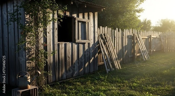 Fototapeta A sunlit, wooden shed with an open window, a weathered fence, and a ladder against it