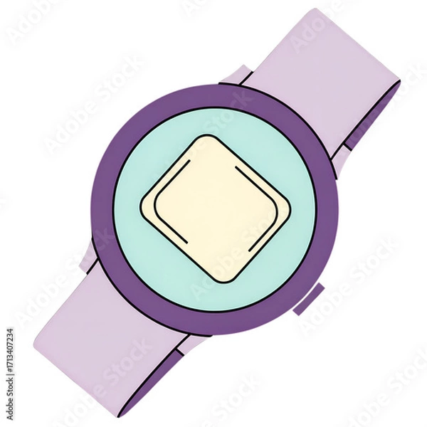 Obraz Flat illustration of a digital smartwatch with purple bezel and light purple band technology gadget image isolated on a white transparent background png file download.
