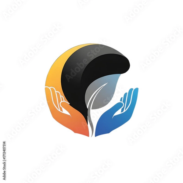 Obraz Stylized emblem cupped hands supporting leaf abstract shape plant orange blue black image isolated on a white transparent background png file download.
