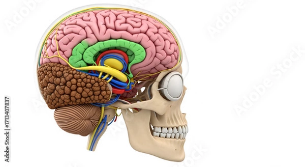 Obraz Detailed human brain cross section with skull and colorful internal anatomical structures anatomy isolated on a white transparent background png file download.
