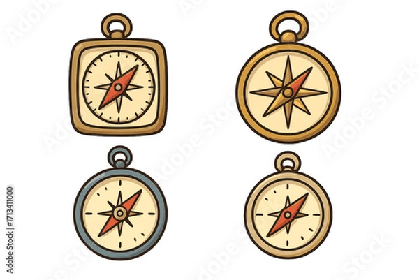 Fototapeta Vector set of cartoon compasses for navigation, exploration, travel, and adventure. Collection of four retro magnetic compass icons for finding direction and orientation.