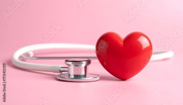 Fototapeta Red heart and stethoscope on pink