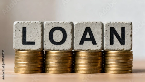 Fototapeta Concrete textured cubes displaying the word LOAN over piles of coins