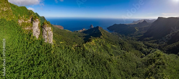 Fototapeta Magnificent aerial view of the bottom of the HANE and HOKATU valleys on the island of UA HUKA in the Marquesas archipelago in French Polynesia