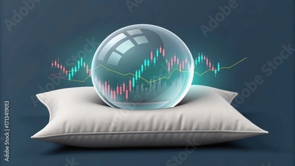 Fototapeta stock market visual metaphor prediction concept. Crystal ball on a pillow with financial graphs in the background.