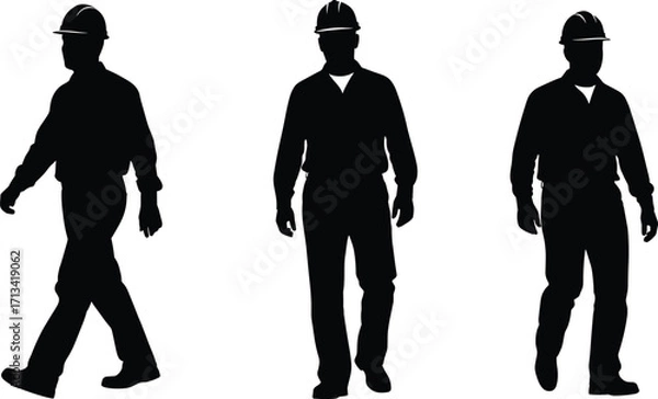 Fototapeta Construction Worker Silhouettes – Three Poses of Laborer in Hard Hat for Safety, Industry, and Design Projects