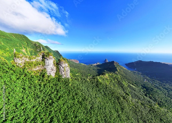 Fototapeta Magnificent aerial view of the bottom of the HANE and HOKATU valleys on the island of UA HUKA in the Marquesas archipelago in French Polynesia